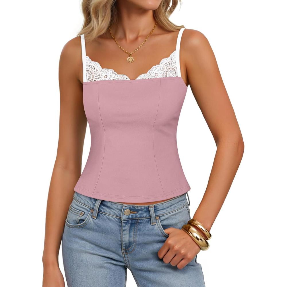 imageZESICA Womens Sleeveless Lace Camisole Tops Summer 2026 Spaghetti Strap Tank Top Y2k Sexy Going Out Trendy ShirtsPink