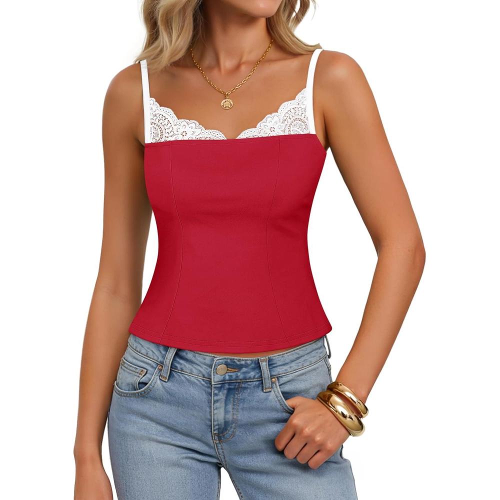 imageZESICA Womens Sleeveless Lace Camisole Tops Summer 2026 Spaghetti Strap Tank Top Y2k Sexy Going Out Trendy ShirtsRed