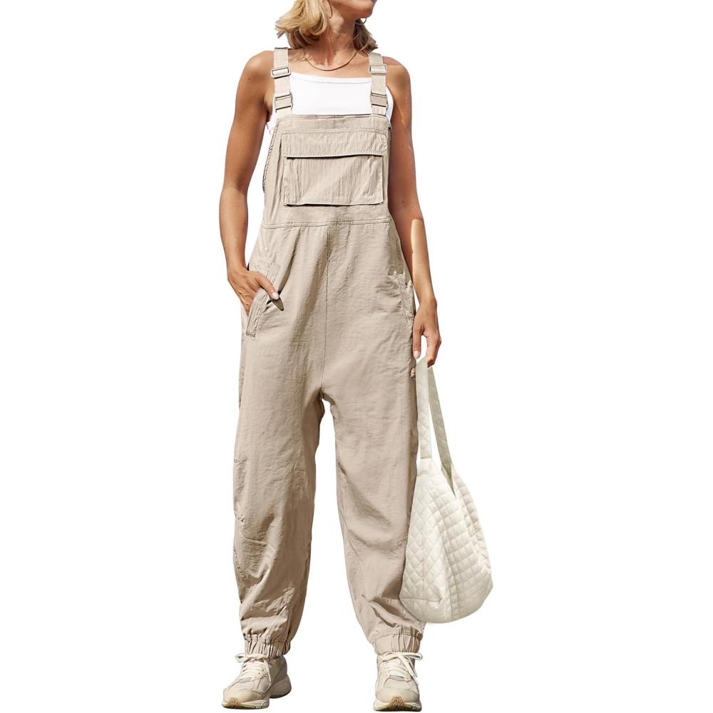 imageZESICA Womens Sleeveless Overalls Jumpsuit Casual Loose Adjustable Straps Bib Long Pant Jumpsuits with PocketsApricot