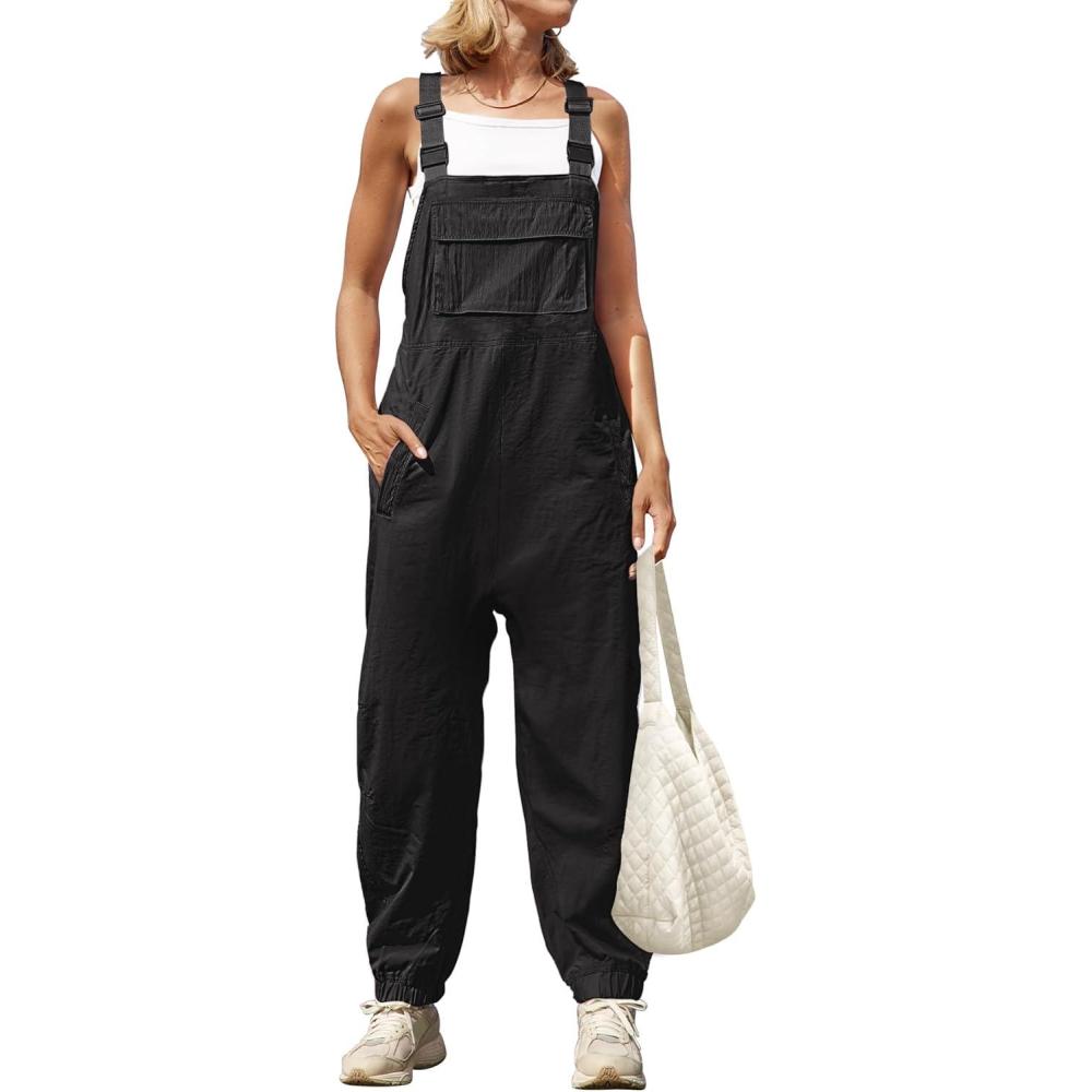 imageZESICA Womens Sleeveless Overalls Jumpsuit Casual Loose Adjustable Straps Bib Long Pant Jumpsuits with PocketsBlack