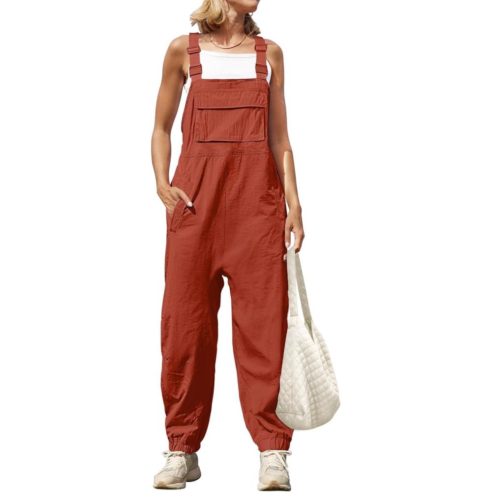 imageZESICA Womens Sleeveless Overalls Jumpsuit Casual Loose Adjustable Straps Bib Long Pant Jumpsuits with PocketsRust
