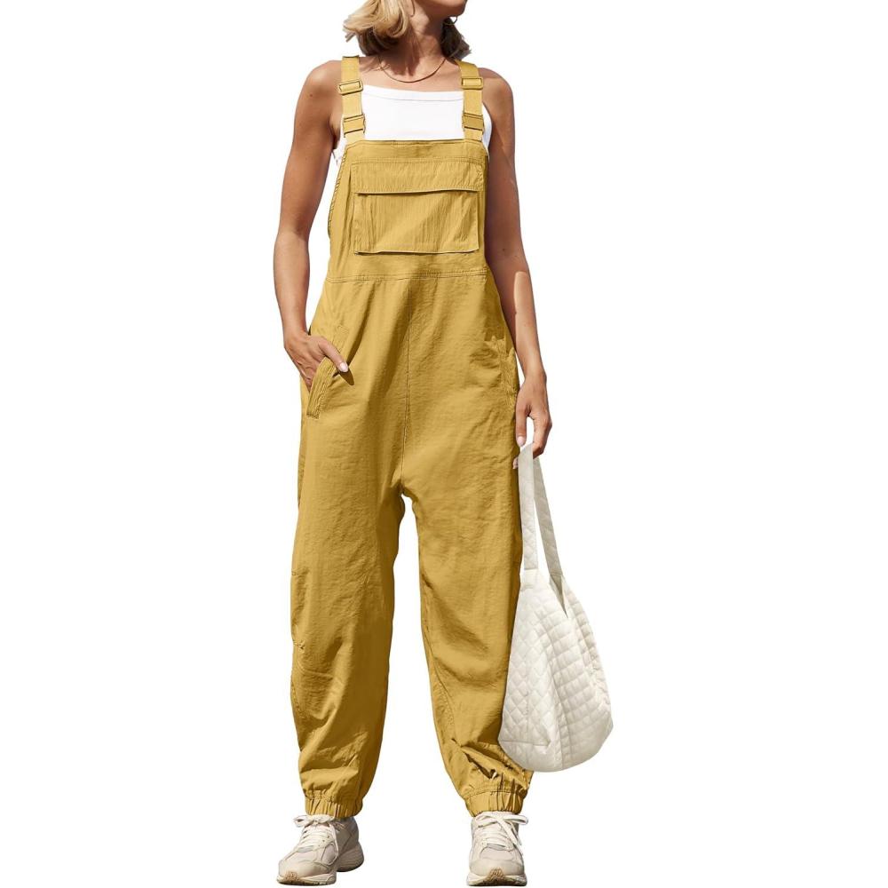 imageZESICA Womens Sleeveless Overalls Jumpsuit Casual Loose Adjustable Straps Bib Long Pant Jumpsuits with PocketsYellow