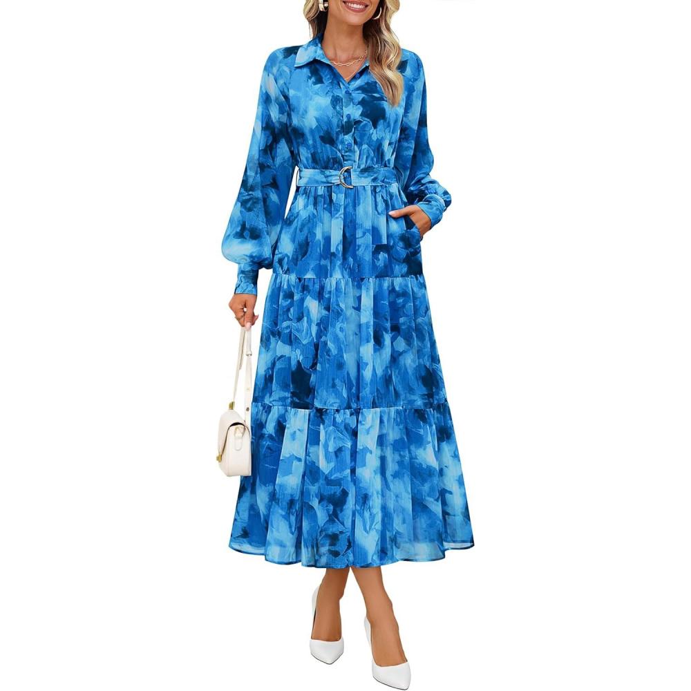 imageZESICA Womens Spring Floral Long Sleeve Maxi Dresses 2026 Casual Button Belted Chiffon Boho Wedding Guest Party DressBlue