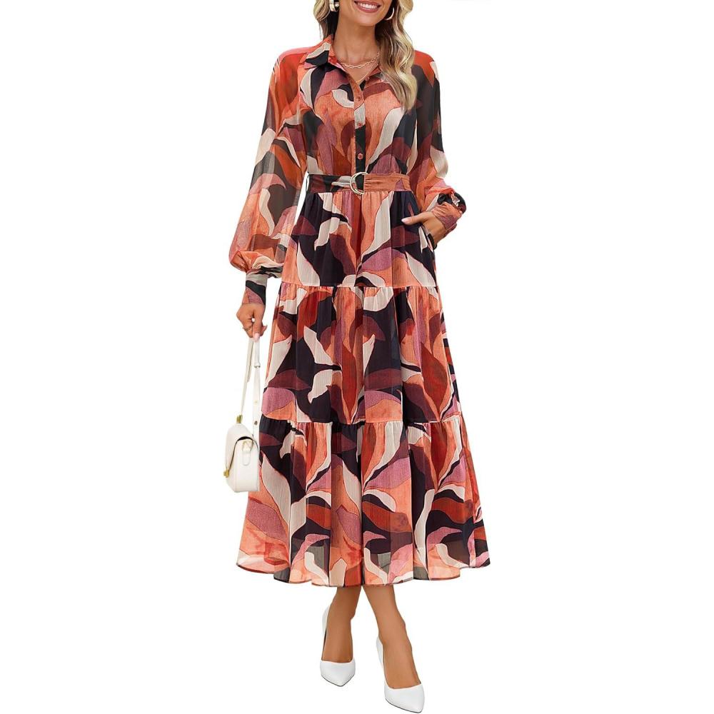 imageZESICA Womens Spring Floral Long Sleeve Maxi Dresses 2026 Casual Button Belted Chiffon Boho Wedding Guest Party DressOrange