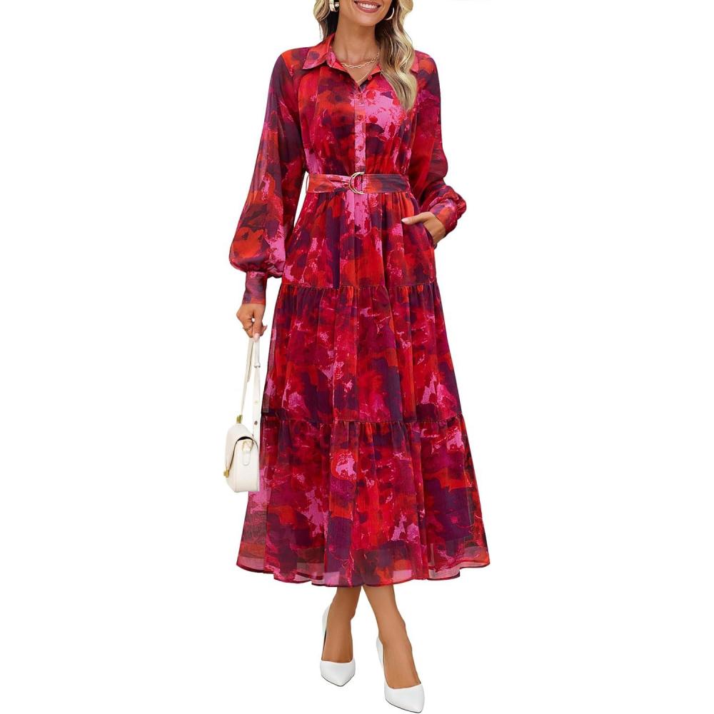 imageZESICA Womens Spring Floral Long Sleeve Maxi Dresses 2026 Casual Button Belted Chiffon Boho Wedding Guest Party DressRed