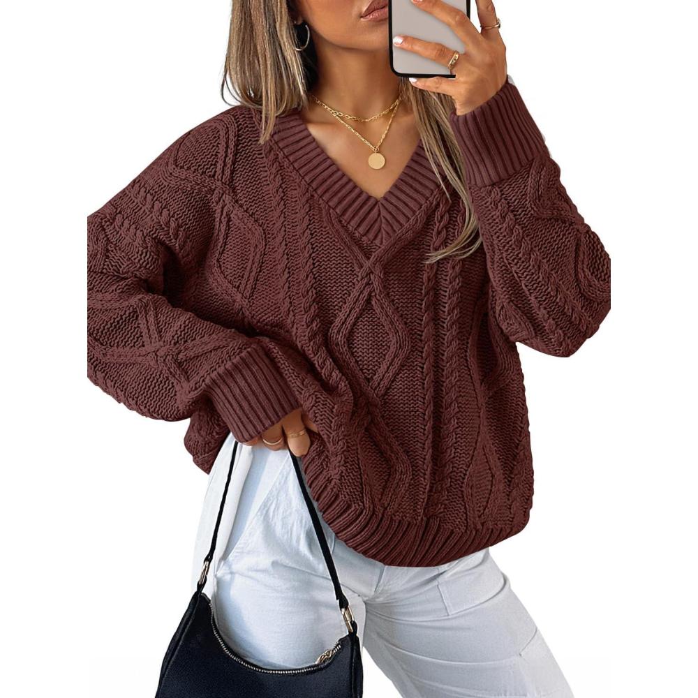 imageZESICA Womens Spring Oversized Sweaters 2026 Casual Long Sleeve V Neck Cable Knit Trendy Pullover TopsBrown