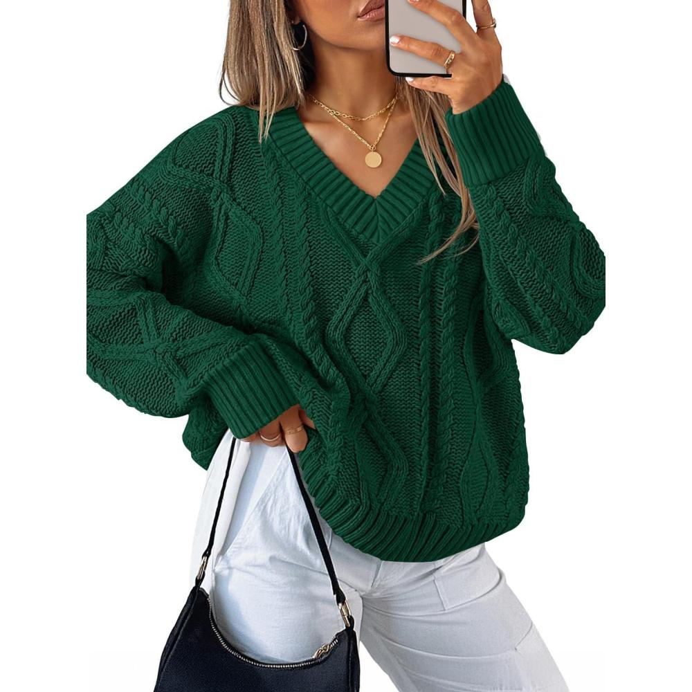imageZESICA Womens Spring Oversized Sweaters 2026 Casual Long Sleeve V Neck Cable Knit Trendy Pullover TopsDarkgreen