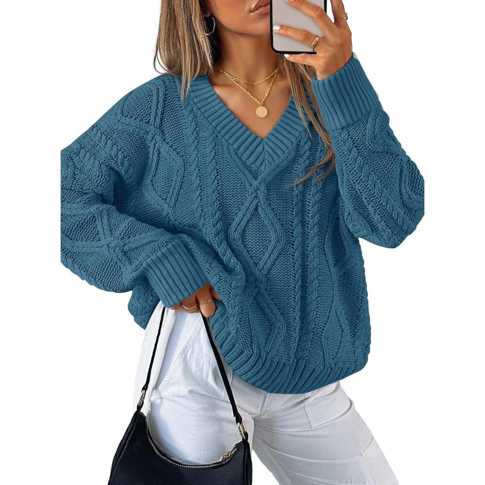 imageZESICA Womens Spring Oversized Sweaters 2026 Casual Long Sleeve V Neck Cable Knit Trendy Pullover TopsDustyblue