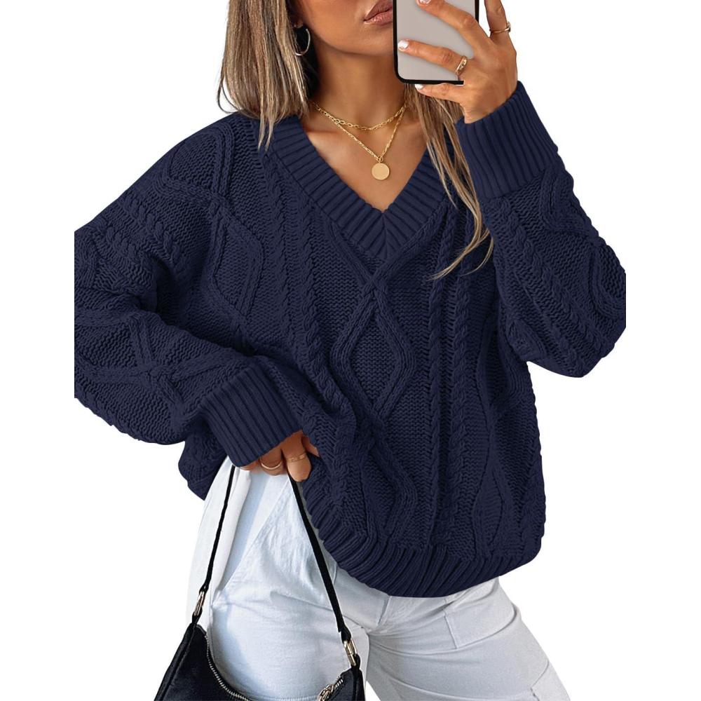 imageZESICA Womens Spring Oversized Sweaters 2026 Casual Long Sleeve V Neck Cable Knit Trendy Pullover TopsNavy