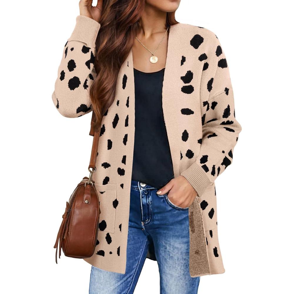 imageZESICA Womens Spring Winter Long Sleeves Open Front Leopard Print Knitted Sweater Cardigan Coat OutwearA Beige