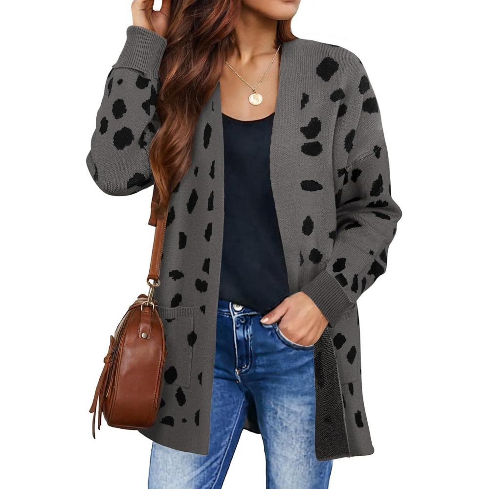 imageZESICA Womens Spring Winter Long Sleeves Open Front Leopard Print Knitted Sweater Cardigan Coat OutwearA Dark Grey