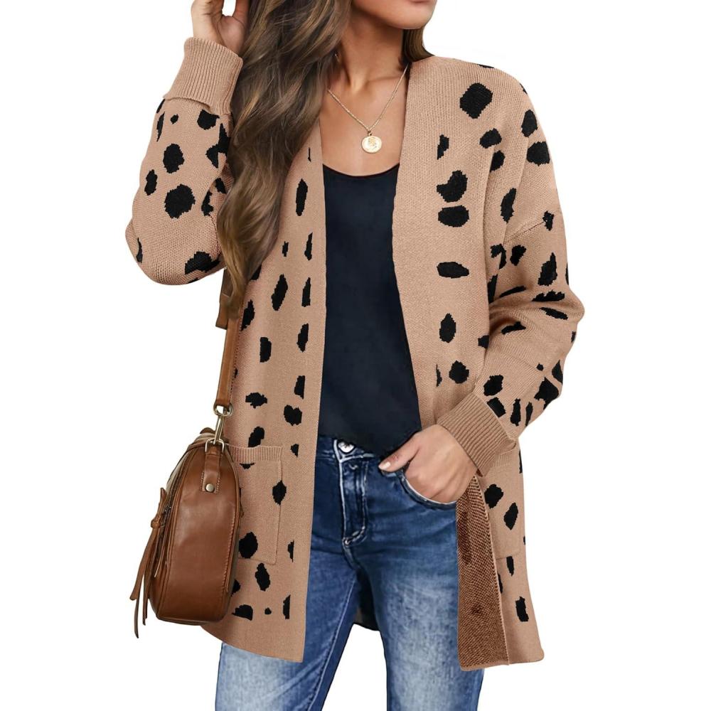 imageZESICA Womens Spring Winter Long Sleeves Open Front Leopard Print Knitted Sweater Cardigan Coat OutwearA Khaki