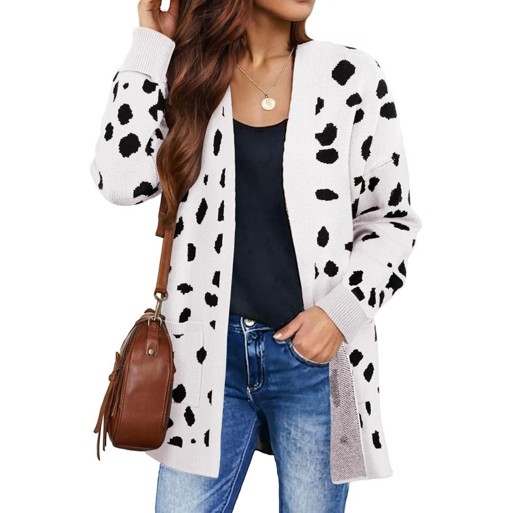 imageZESICA Womens Spring Winter Long Sleeves Open Front Leopard Print Knitted Sweater Cardigan Coat OutwearA White
