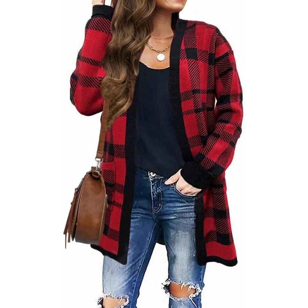 imageZESICA Womens Spring Winter Long Sleeves Open Front Leopard Print Knitted Sweater Cardigan Coat OutwearRed Plaid