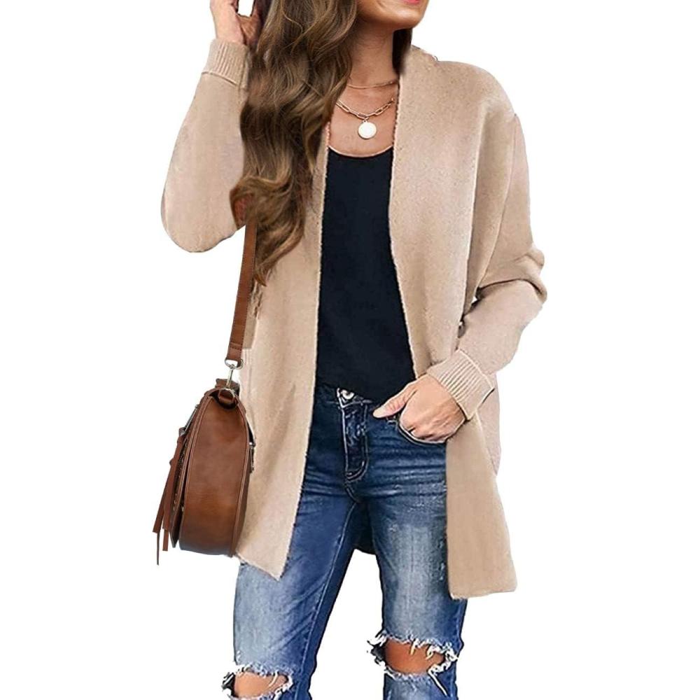 imageZESICA Womens Spring Winter Long Sleeves Open Front Leopard Print Knitted Sweater Cardigan Coat OutwearSolid Beige