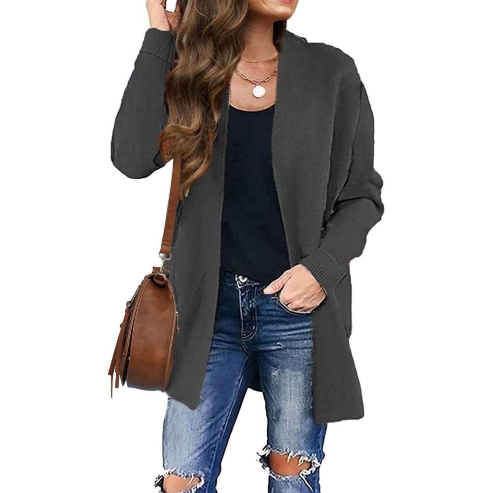 imageZESICA Womens Spring Winter Long Sleeves Open Front Leopard Print Knitted Sweater Cardigan Coat OutwearSolid Grey