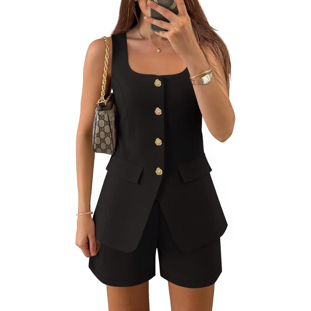 imageZESICA Womens Summer 2 Piece Short Sets 2026 Suit Vest Tops Matching Set Business Casual Dressy OutfitsBlack