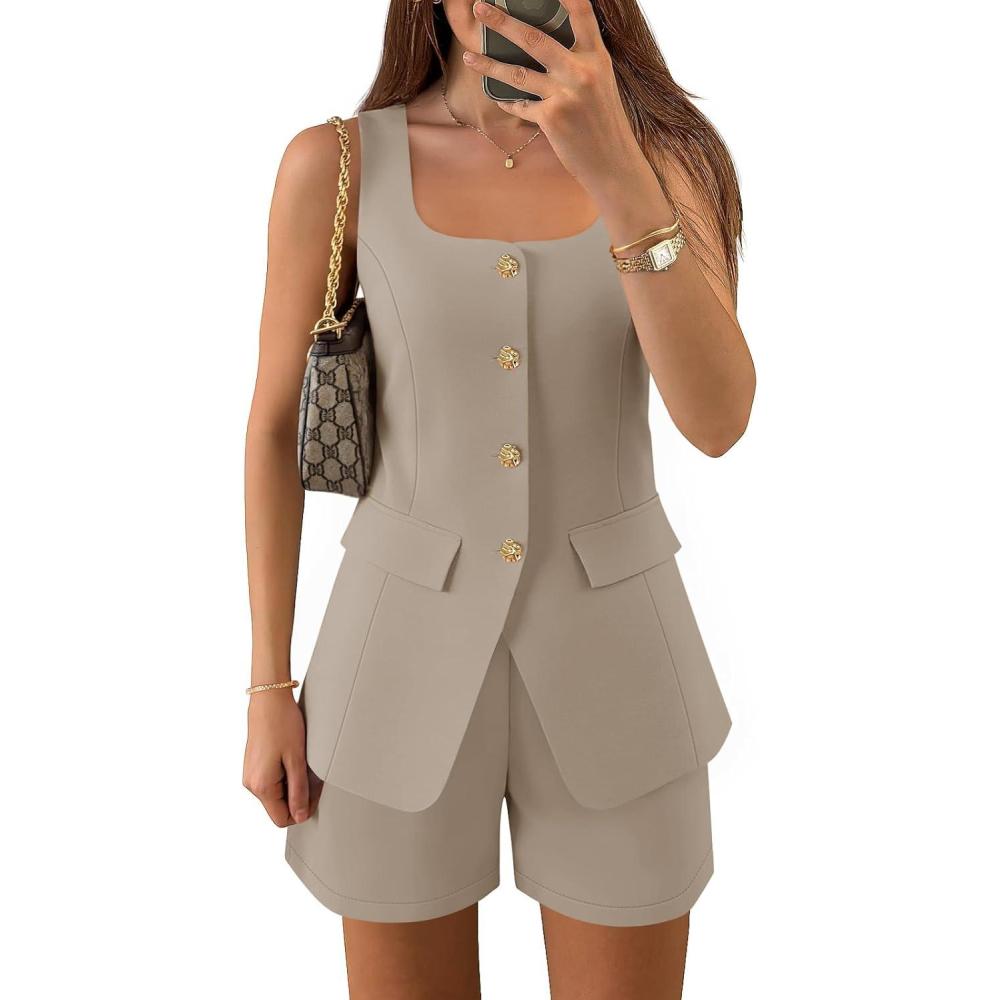imageZESICA Womens Summer 2 Piece Short Sets 2026 Suit Vest Tops Matching Set Business Casual Dressy OutfitsGreykhaki