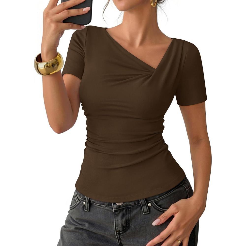 imageZESICA Womens Summer Asymmetrical T Shirts Ruched Fitted Short Sleeve Y2K Going Out Tops 2026 Spring Fashion Vacation OutfitsCoffee