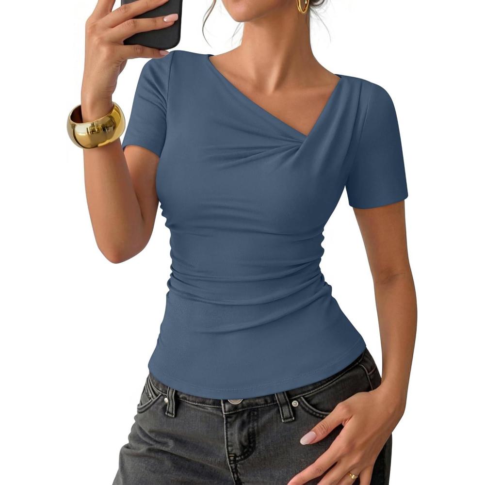 imageZESICA Womens Summer Asymmetrical T Shirts Ruched Fitted Short Sleeve Y2K Going Out Tops 2026 Spring Fashion Vacation OutfitsDusty Blue