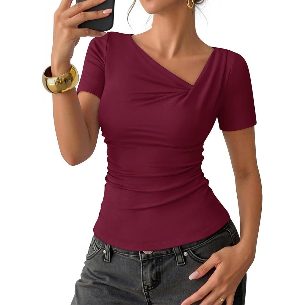 imageZESICA Womens Summer Asymmetrical T Shirts Ruched Fitted Short Sleeve Y2K Going Out Tops 2026 Spring Fashion Vacation OutfitsWine