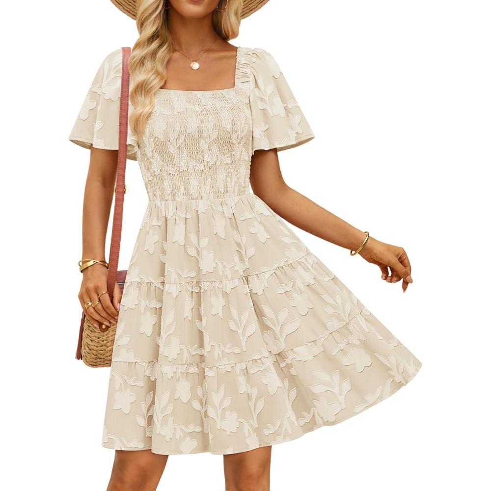 imageZESICA Womens Summer Boho Floral Mini Dress 2026 Casual Short Sleeve Square Neck Swing Beach Vacation SundressApricot