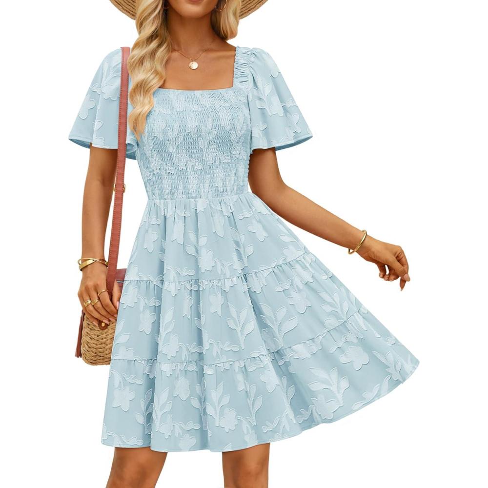 imageZESICA Womens Summer Boho Floral Mini Dress 2026 Casual Short Sleeve Square Neck Swing Beach Vacation SundressBlue