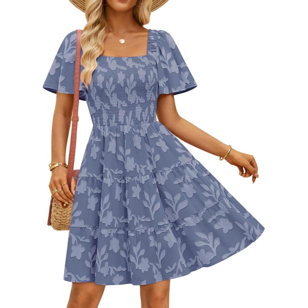 imageZESICA Womens Summer Boho Floral Mini Dress 2026 Casual Short Sleeve Square Neck Swing Beach Vacation SundressDusty Blue