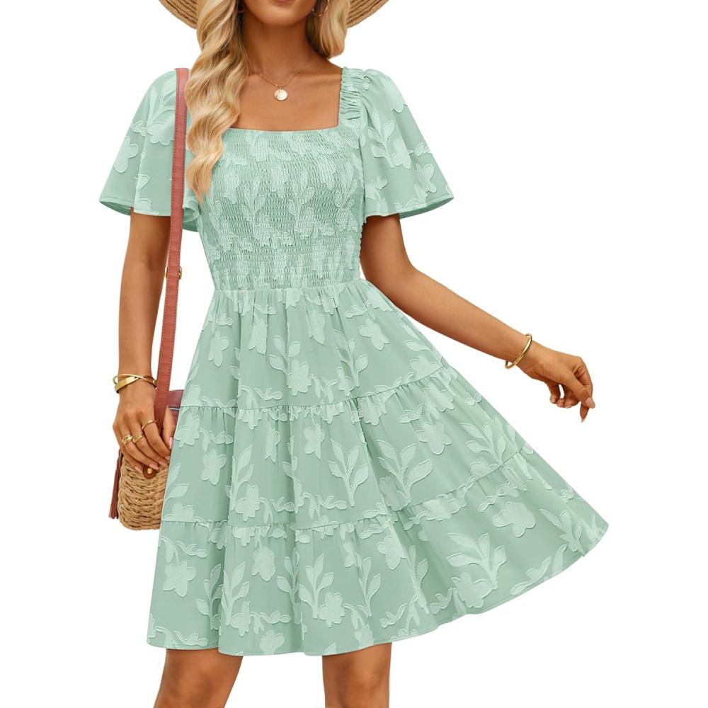 imageZESICA Womens Summer Boho Floral Mini Dress 2026 Casual Short Sleeve Square Neck Swing Beach Vacation SundressSage