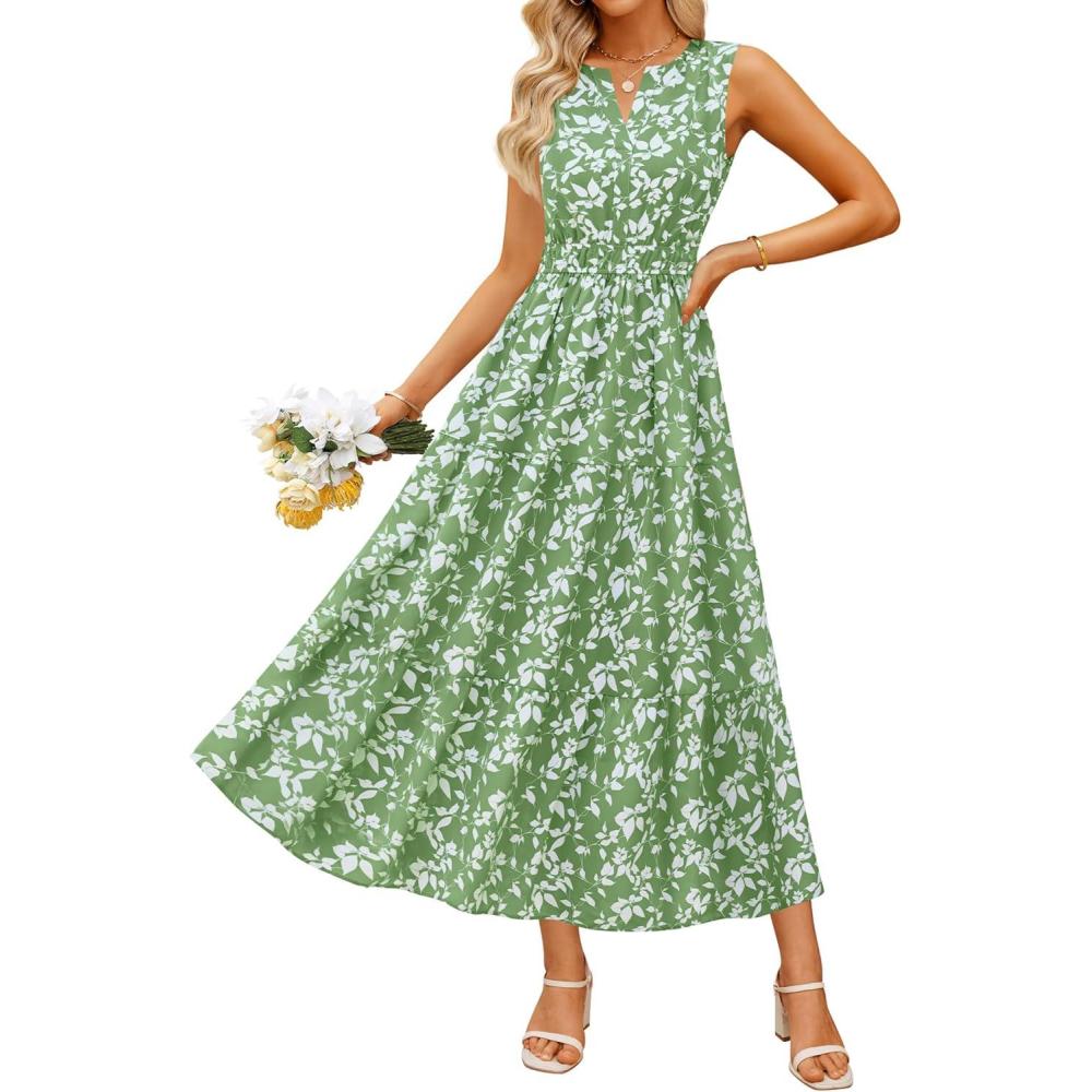 imageZESICA Womens Summer Boho Floral Sleeveless Midi Dress 2026 V Neck Elastic High Waist Flowy Casual Beach Long DressesGreen
