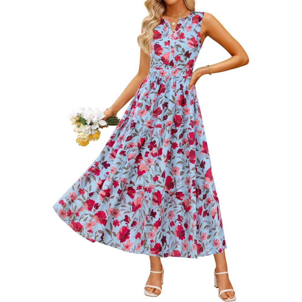 imageZESICA Womens Summer Boho Floral Sleeveless Midi Dress 2026 V Neck Elastic High Waist Flowy Casual Beach Long DressesSky Blue