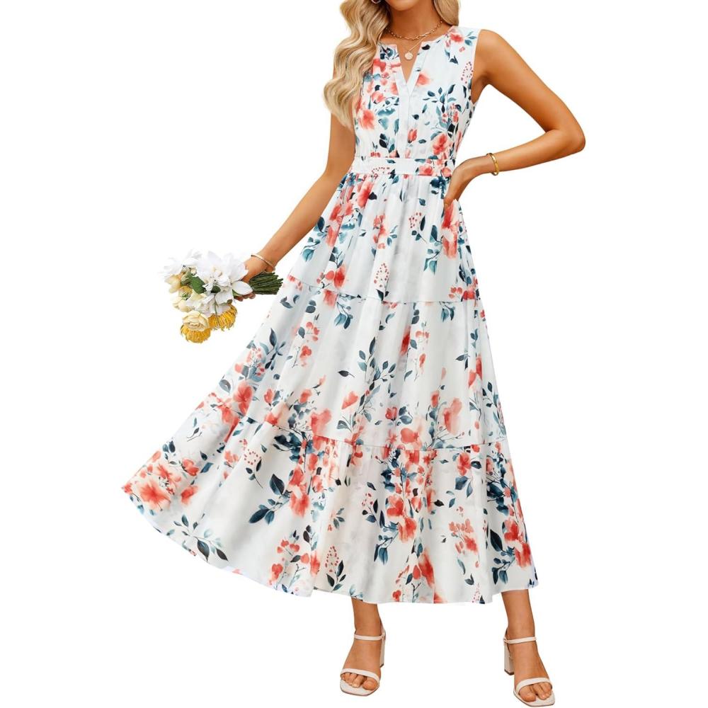 imageZESICA Womens Summer Boho Floral Sleeveless Midi Dress 2026 V Neck Elastic High Waist Flowy Casual Beach Long DressesWhite