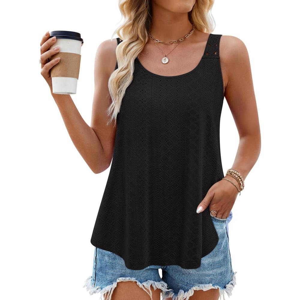 imageZESICA Womens Summer Eyelet Tank Tops Loose Trendy Scoop Neck Sleeveless Flowy Beach Vacation ShirtsBlack