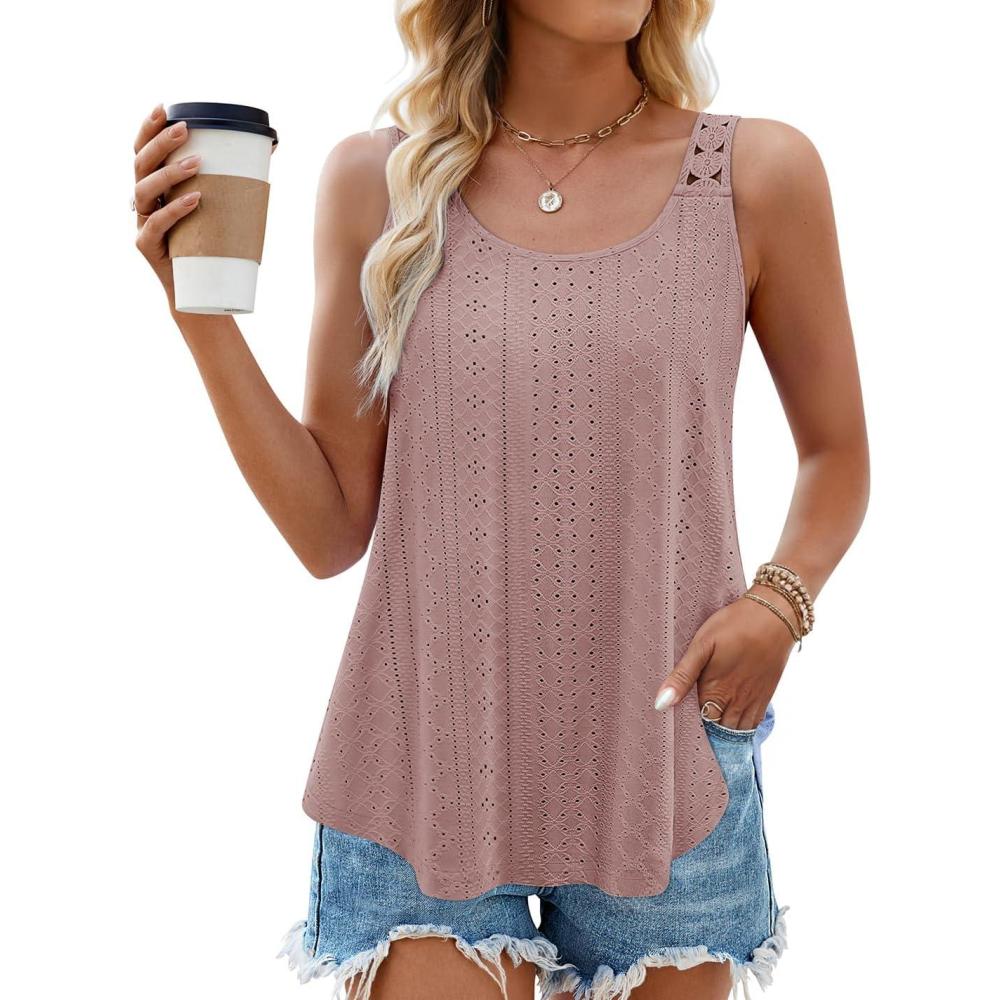 imageZESICA Womens Summer Eyelet Tank Tops Loose Trendy Scoop Neck Sleeveless Flowy Beach Vacation ShirtsDarkpink