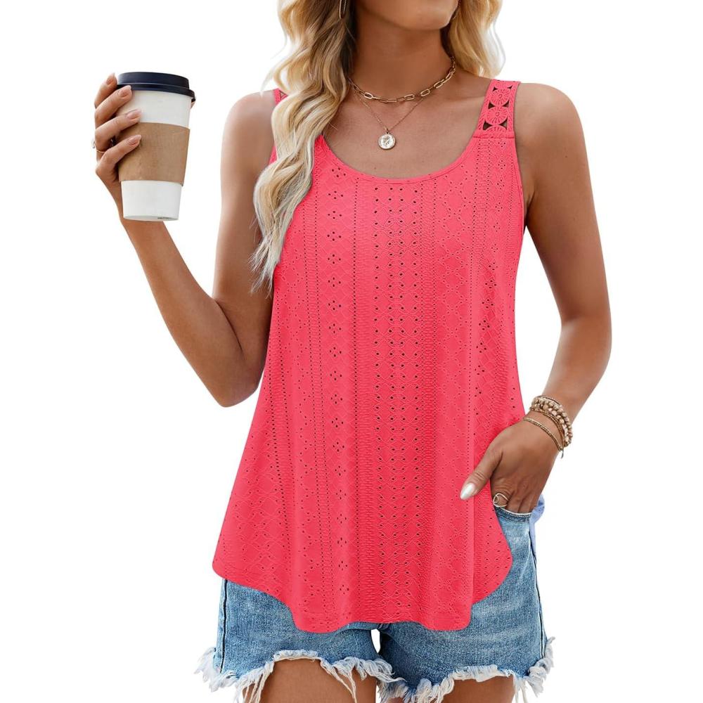imageZESICA Womens Summer Eyelet Tank Tops Loose Trendy Scoop Neck Sleeveless Flowy Beach Vacation ShirtsPeach