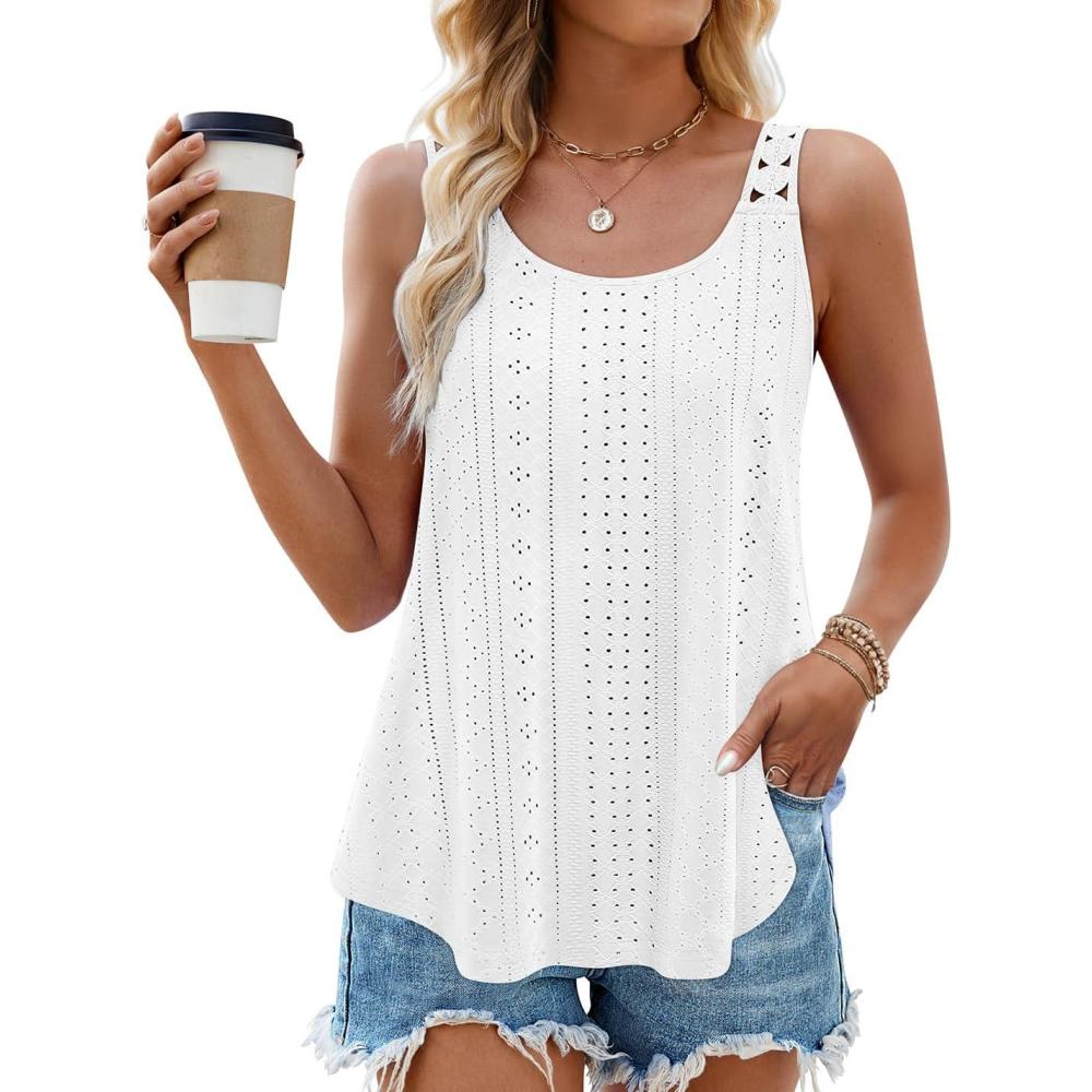 imageZESICA Womens Summer Eyelet Tank Tops Loose Trendy Scoop Neck Sleeveless Flowy Beach Vacation ShirtsWhite
