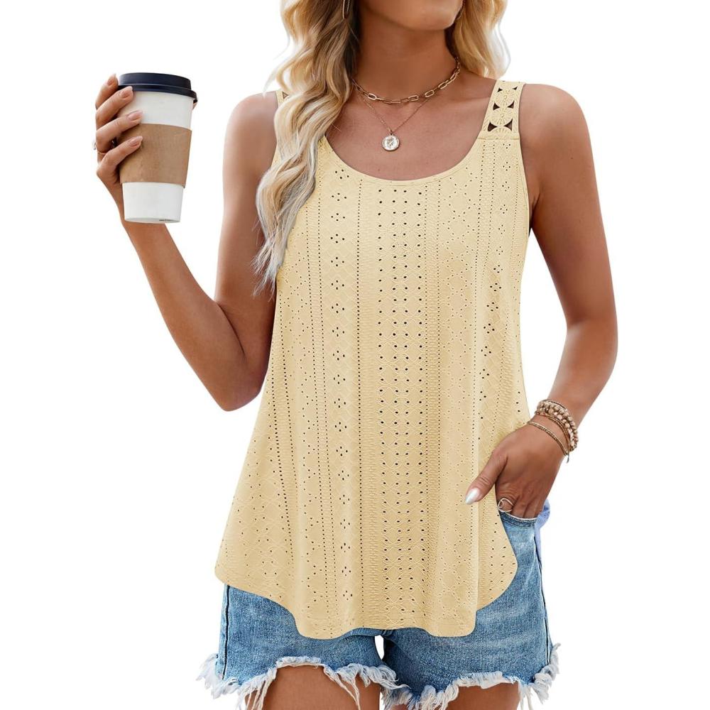 imageZESICA Womens Summer Eyelet Tank Tops Loose Trendy Scoop Neck Sleeveless Flowy Beach Vacation ShirtsYellow