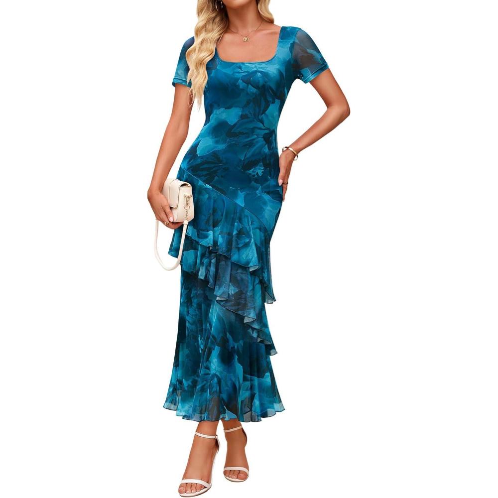 imageZESICA Womens Summer Floral Bodycon Maxi Dress 2026 Square Neck Mesh Ruffle Elegant Cocktail Wedding Party Long DressesBlue