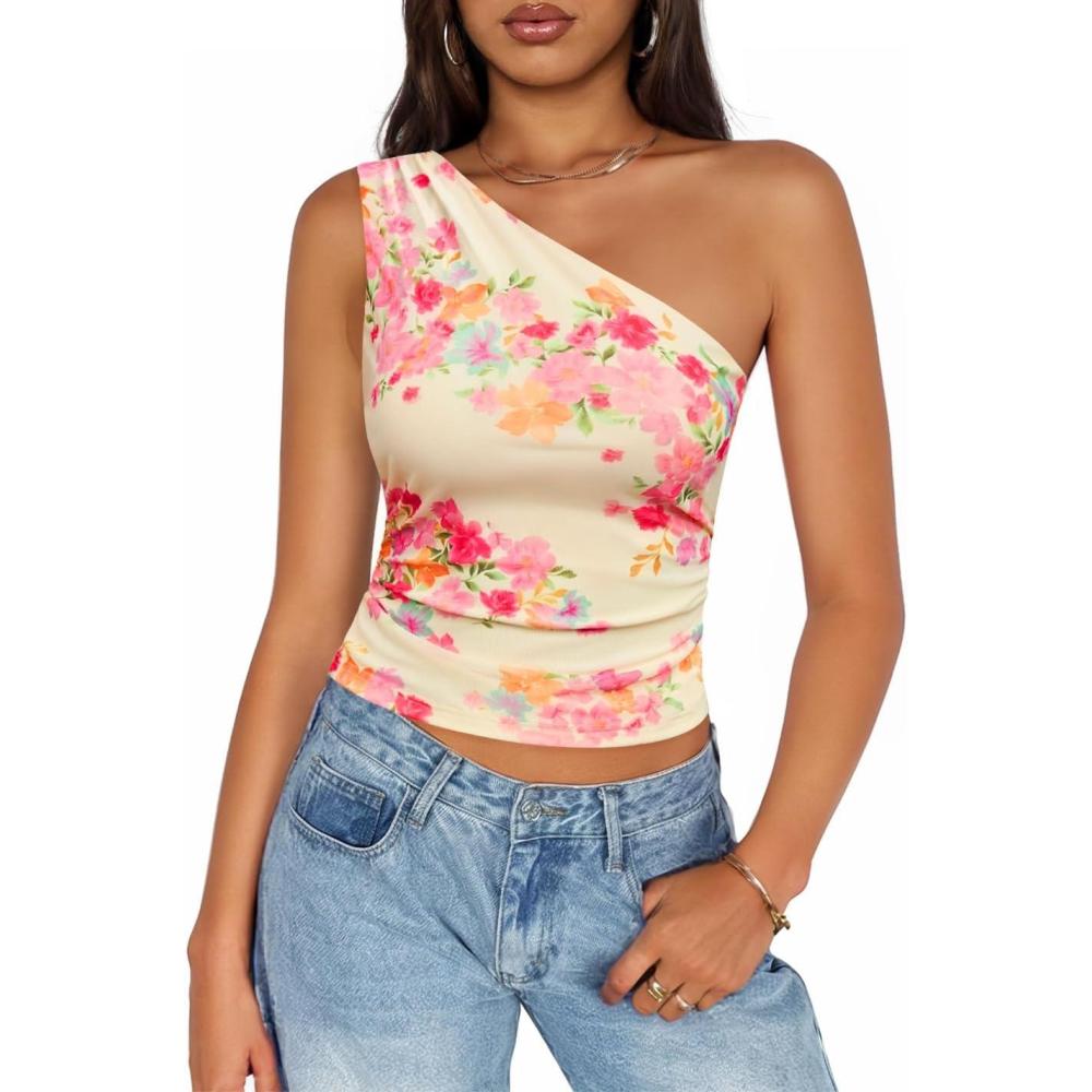 imageZESICA Womens Summer Floral Going Out Tank Tops 2026 Off Shoulder Slim Fit Y2K Crop Mesh Top Beach Vacation OutfitsApricot