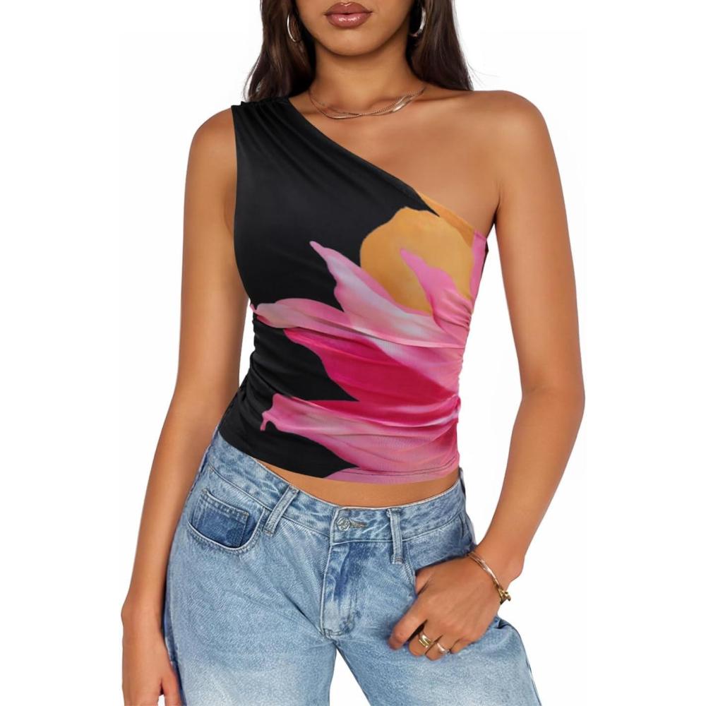 imageZESICA Womens Summer Floral Going Out Tank Tops 2026 Off Shoulder Slim Fit Y2K Crop Mesh Top Beach Vacation OutfitsBlack