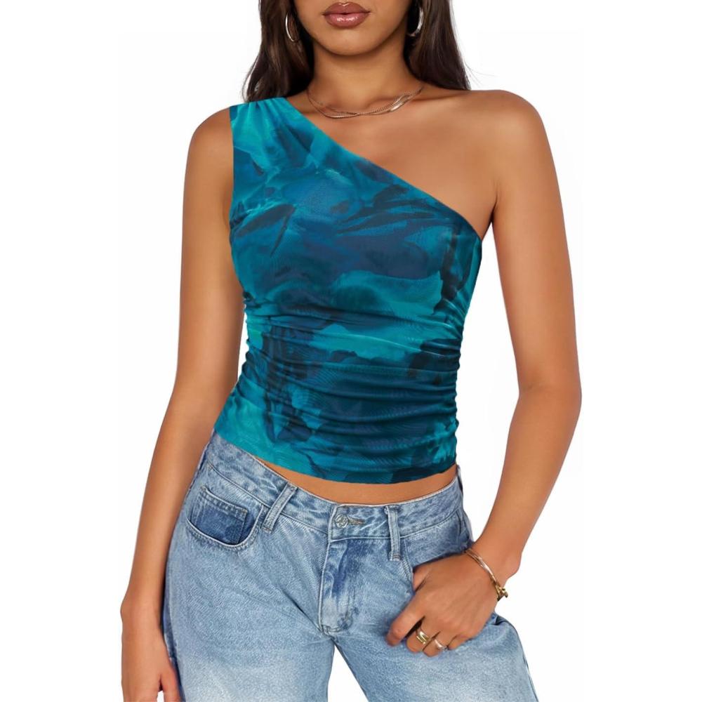 imageZESICA Womens Summer Floral Going Out Tank Tops 2026 Off Shoulder Slim Fit Y2K Crop Mesh Top Beach Vacation OutfitsBlue