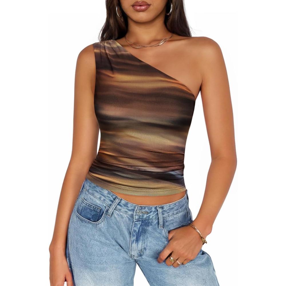 imageZESICA Womens Summer Floral Going Out Tank Tops 2026 Off Shoulder Slim Fit Y2K Crop Mesh Top Beach Vacation OutfitsBrown