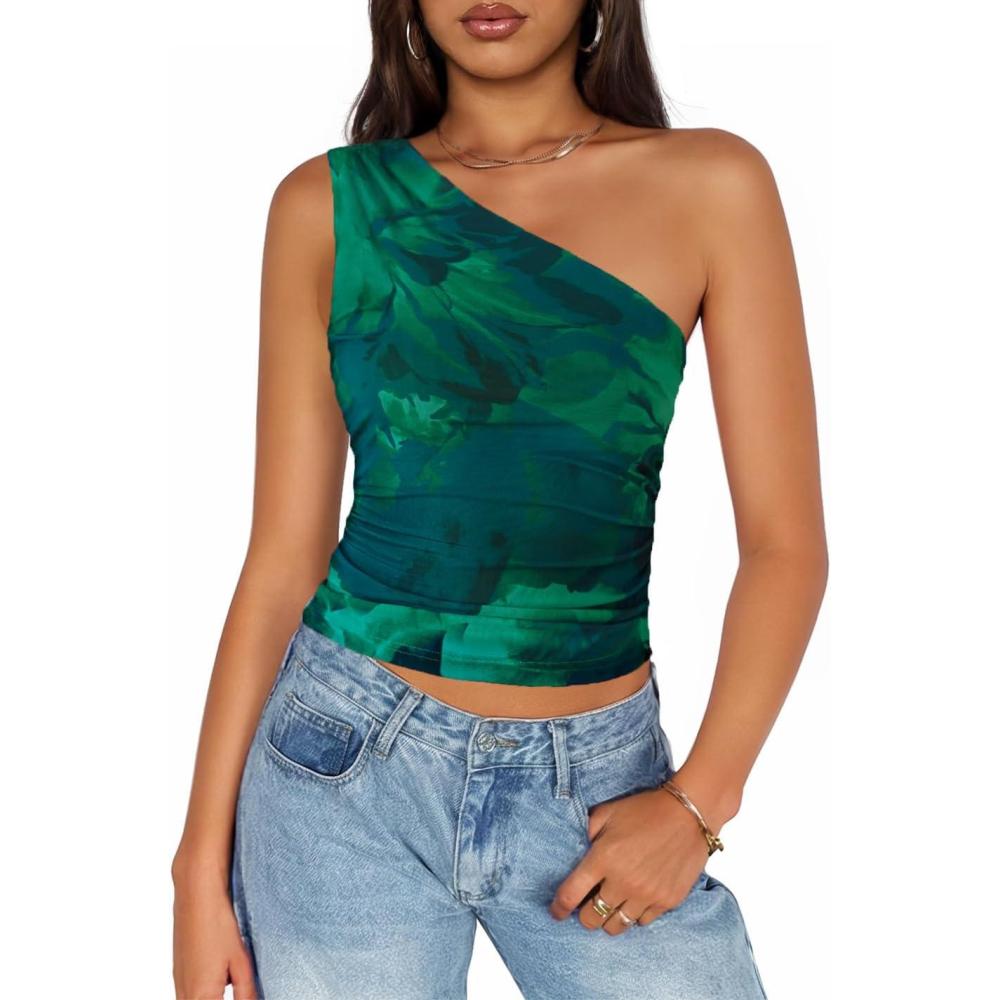 imageZESICA Womens Summer Floral Going Out Tank Tops 2026 Off Shoulder Slim Fit Y2K Crop Mesh Top Beach Vacation OutfitsGreen