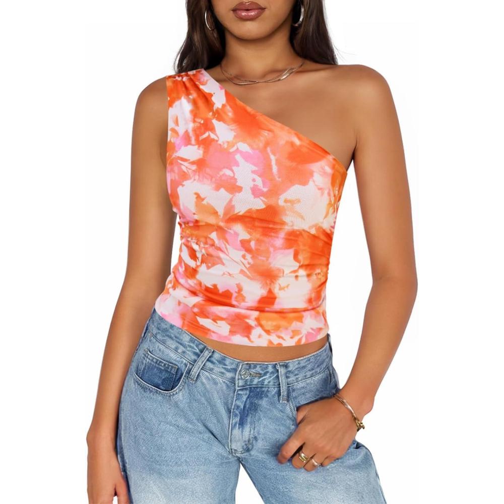 imageZESICA Womens Summer Floral Going Out Tank Tops 2026 Off Shoulder Slim Fit Y2K Crop Mesh Top Beach Vacation OutfitsOrange