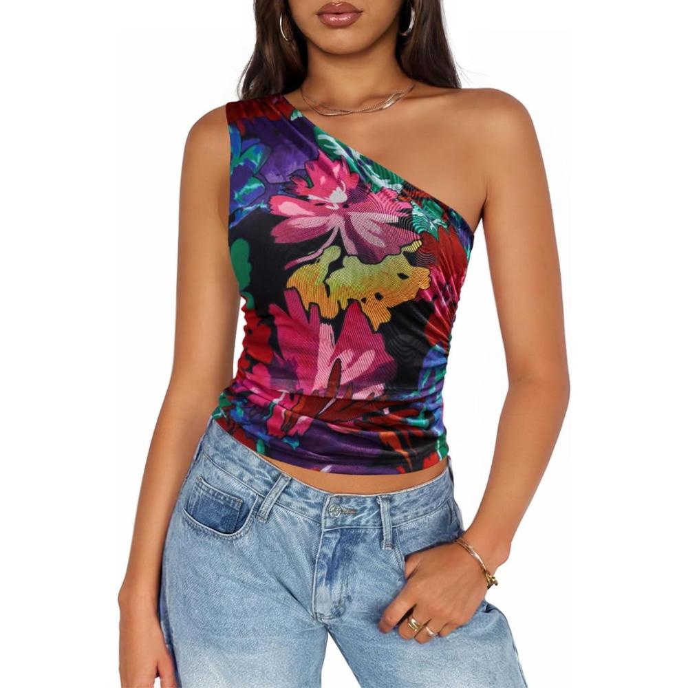 imageZESICA Womens Summer Floral Going Out Tank Tops 2026 Off Shoulder Slim Fit Y2K Crop Mesh Top Beach Vacation OutfitsPurplered