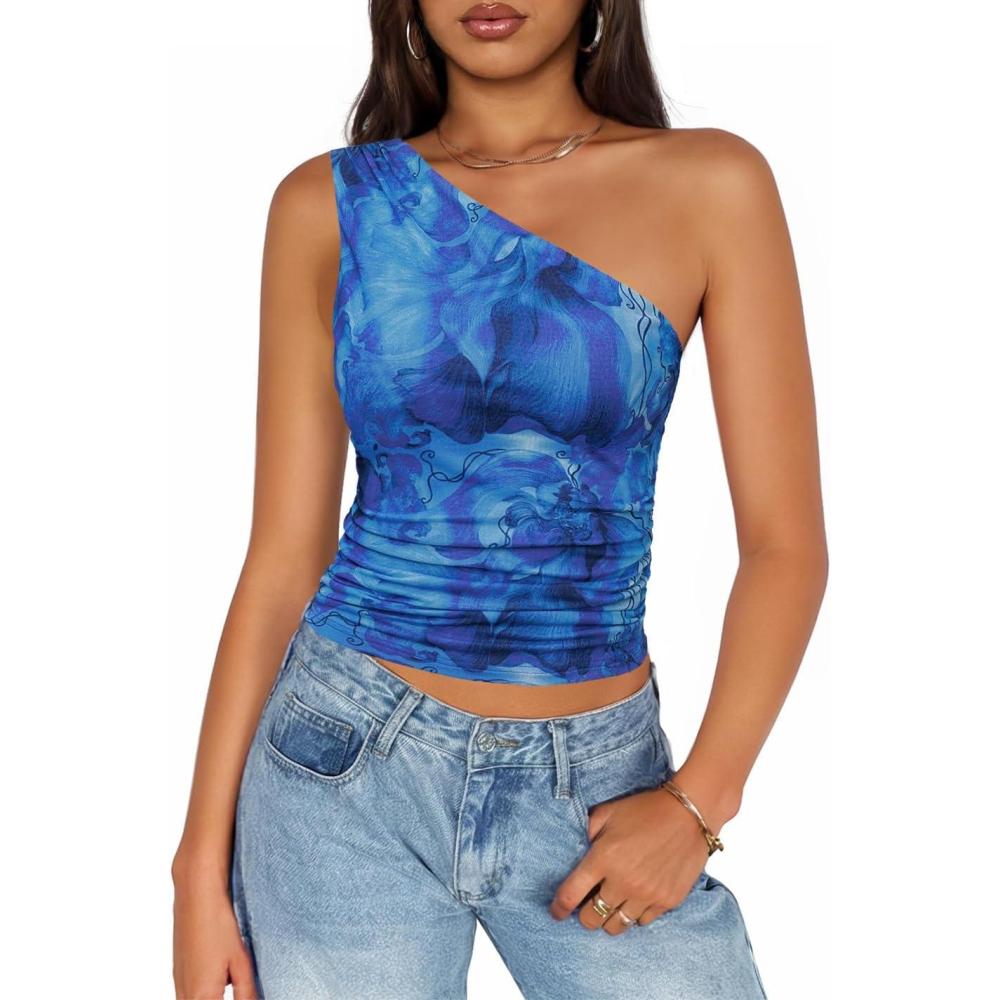 imageZESICA Womens Summer Floral Going Out Tank Tops 2026 Off Shoulder Slim Fit Y2K Crop Mesh Top Beach Vacation OutfitsRoyal