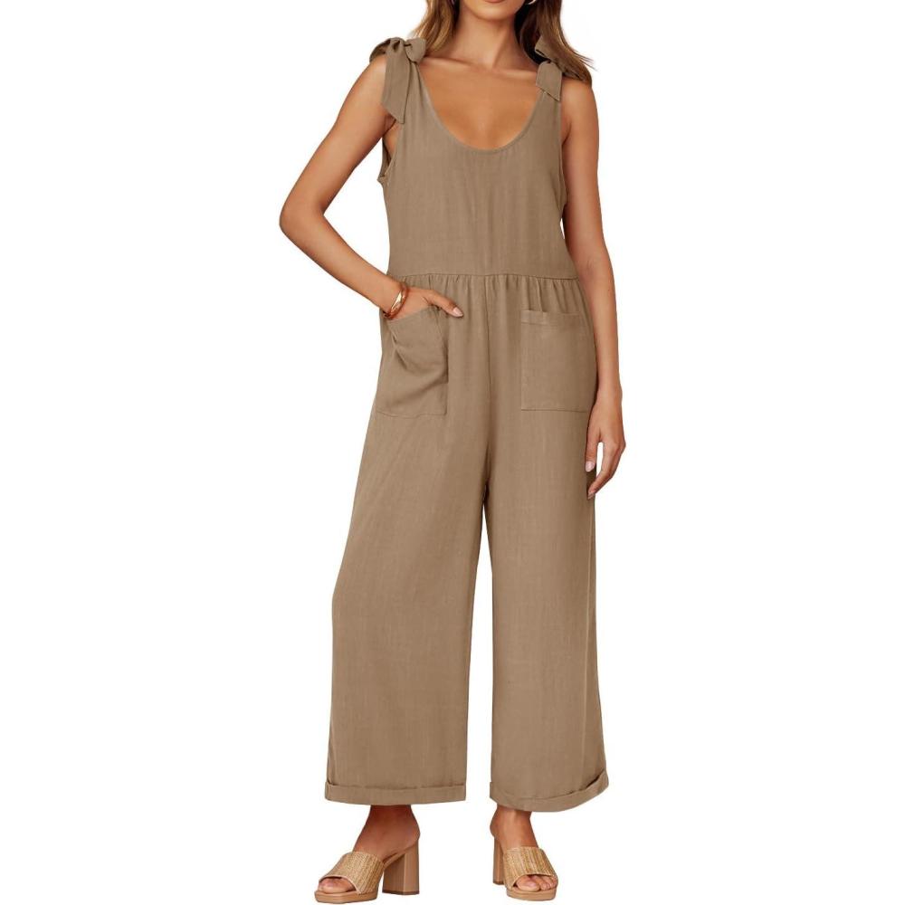 imageZESICA Womens Summer Loose Sleeveless Jumpsuits Linen Adjustable Straps Oversized Wide Leg Long Overall Rompers with PocketsKhaki