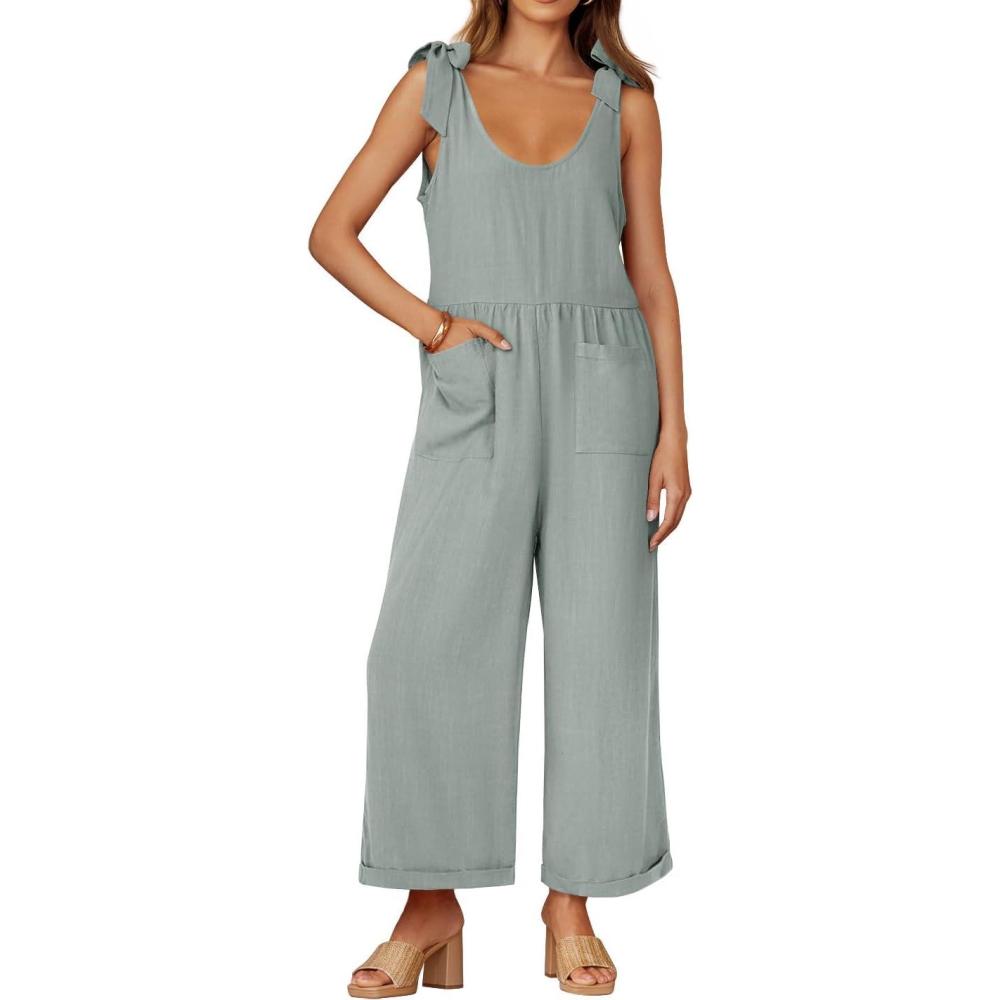 imageZESICA Womens Summer Loose Sleeveless Jumpsuits Linen Adjustable Straps Oversized Wide Leg Long Overall Rompers with PocketsSage