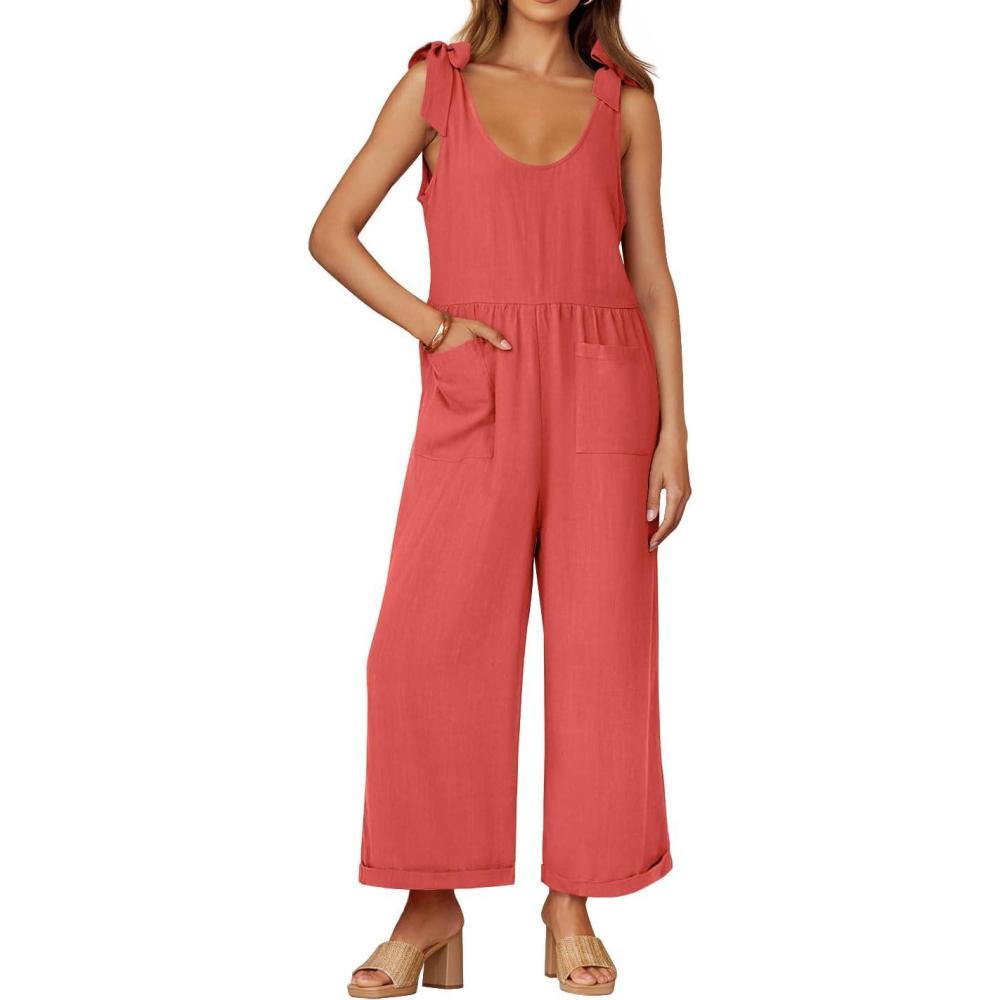 imageZESICA Womens Summer Loose Sleeveless Jumpsuits Linen Adjustable Straps Oversized Wide Leg Long Overall Rompers with PocketsWatermelon