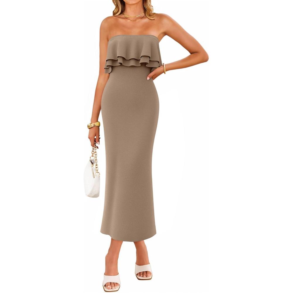 imageZESICA Womens Summer Off Shoulder Bodycon Midi Dress 2026 Spring Strapless Ruffle Knit Split Cocktail Party Long DressesKhaki